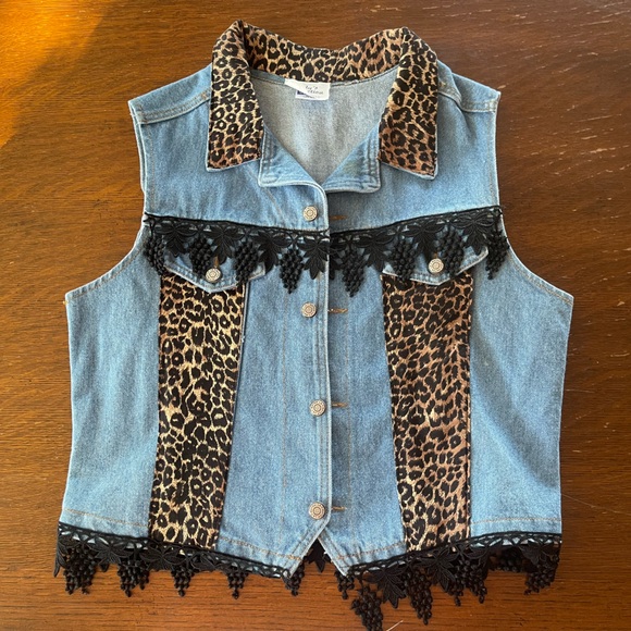 Vintage Denim Vest Cheetah and Lace Details - Picture 1 of 12